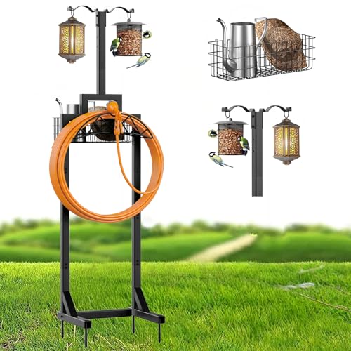 Garden Hose Holder, Water Hose Holders for Outside with Storage Basket & 2 Shepherds Hooks, Detachable Garden Hose Holder Freestanding, Heavy Duty Hose Holder Supports 150ft Hoses
