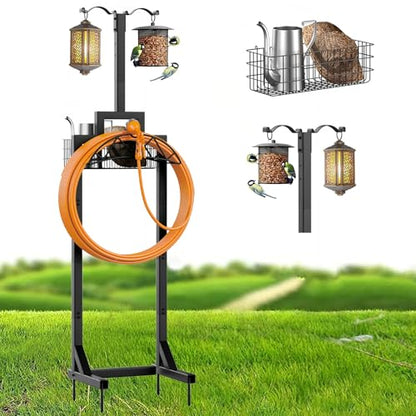 Garden Hose Holder, Water Hose Holders for Outside with Storage Basket & 2 Shepherds Hooks, Detachable Garden Hose Holder Freestanding, Heavy Duty Hose Holder Supports 150ft Hoses