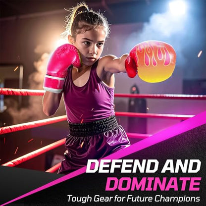Flexzion Boxing Gloves for Kids 4oz – Training Punching Bag Mitts, Kid Boxing Gloves with Faux Leather & Wrap-Around Wrist Protection for Boys & Girls Ages 3-8 Years - color: Pink Blaze