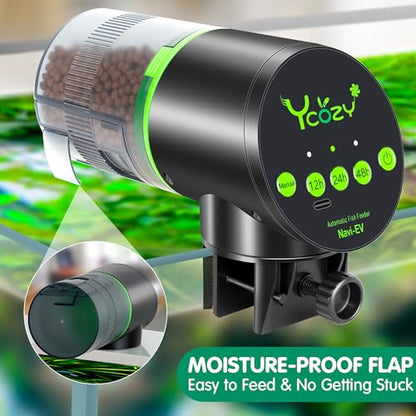 Ycozy Automatic Fish Feeder Rechargeable with USB Cable Moisture-Proof Intelligent Electric Fish/Turtle Feeder for Aquarium & Fish Tank (Plug Powered-EV) - size: Plug Powered-EV
