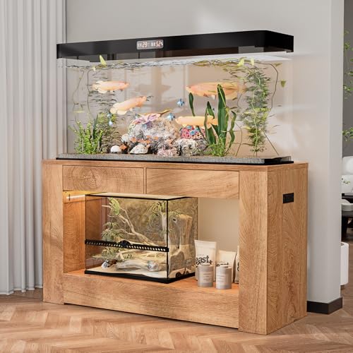 48" Aquarium Stand for 55–75/90 Gallon Tank,Heavy Duty Fish Tank Stand up to 1000 LBS,Aquarium Stand with Power Outlet & LED Light,2-Tier Turtle Reptile Tank Stand with Storage,Natural