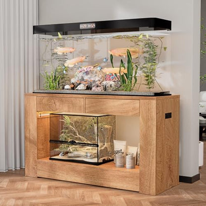 48" Aquarium Stand for 55–75/90 Gallon Tank,Heavy Duty Fish Tank Stand up to 1000 LBS,Aquarium Stand with Power Outlet & LED Light,2-Tier Turtle Reptile Tank Stand with Storage,Natural