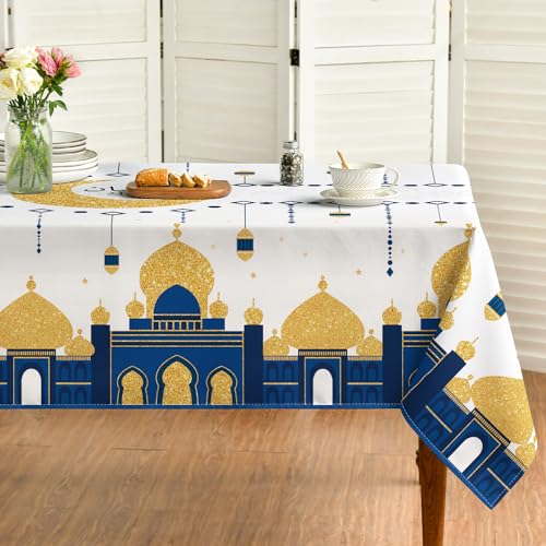 Horaldaily Ramadan Rectangular Tablecloth 60×84 Inch, Eid Al Fitr Mubarak Washable Table Cover for Party Picnic Dinner Decor - size: 60" x 84" (Rectangular)