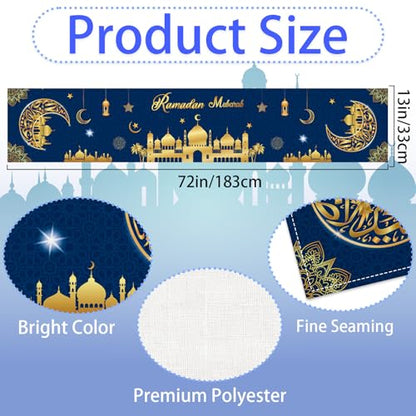 Ramadan Table Runner Blue Gold Moon and Star Ramadan Decorations for Home Eid Mubarak Festival Ramadan Runner Islamic Mosque Lantern Print Door Garland Placemat Holiday Dining Party Table 13 X 72 Inch