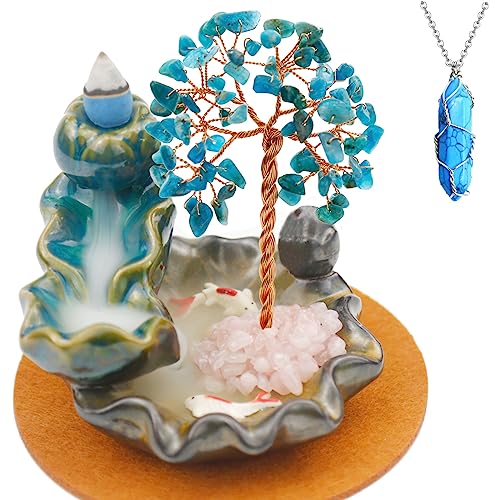 Waterfall Burner, Crystal Tree Backflow Incense Holder, with 30 Incense Cones, 30 Incense Stick, 1 Healing Crystal Necklace, Aromatherapy Anxiety Relief Items, Mom Gifts for Christmas - color: Blue Apatite