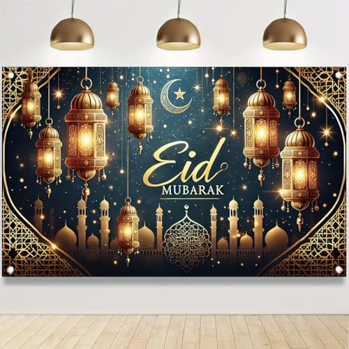 Eid Mubarak Banner 71x43 Inch Gold Lantern Crescent Moon Mosque Islamic Party Banner for Ramadan Eid Festival Decorations - color: Style 4