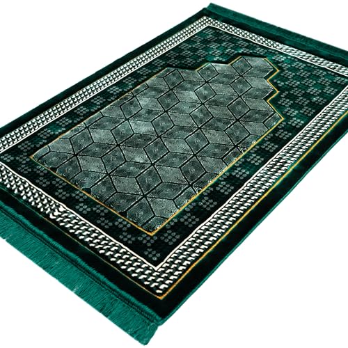 Modefa Turkish Islamic Velvet Prayer Rug - Thick & Wide Soft Carpet for Men & Women - Double Plush Large Janamaz - Eid & Ramadan Gift - with Kufi, Beads & Car Hanger - Geometric Noor (Green) - color: Green