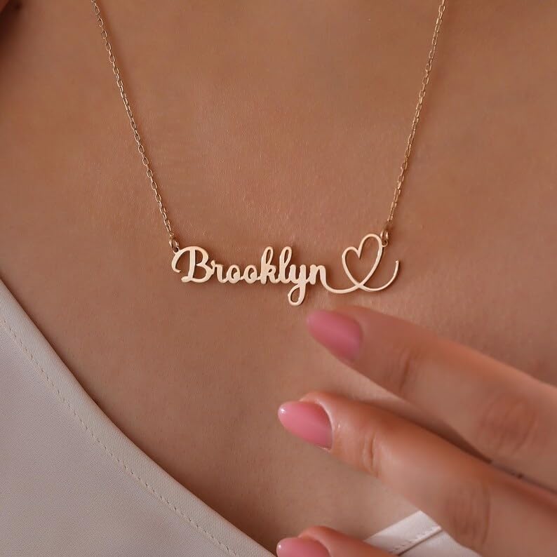 Custom Name Necklace, 18K Gold Plated Nameplate Personalized Jewelry Gift for Women - color: Style-04-Heart
