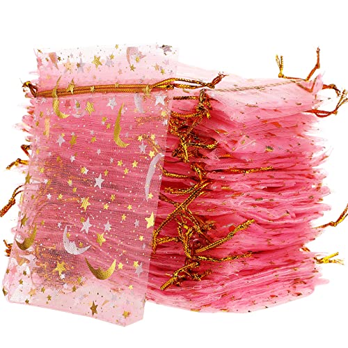 Shappy 150 Pieces Drawstring Organza Bags Small Moon Stars Drawstring Sachet Jewelry Mesh Gift Bags Pouches Gold Star Organza Favor Pouches for Christmas Wedding Party (Pink, 3.5 x 4.7 Inch) - color: Pink