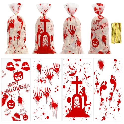 100 PCS Halloween Cellophane Treat Bags(5x11 Inch) with Ties Horror Ghost Blood Theme Trick or Treat Bag Goodie Candy Gifts Bags Pouches for Halloween Wicked Party Favors Supplies Birthday Decorations - color: 100 Halloween bags