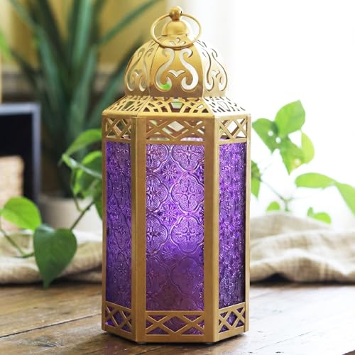 Vela Lanterns 12" Metal Moroccan Decorative Candle Lantern Holders for Hanging or Table, Indoor Home Decor, Outdoor Patio or Porch, Weddings, Gold, Purple Glass, Large - color: Gold/Purple, size: Large
