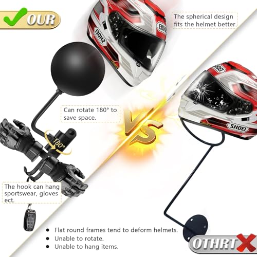 Kikerike Motorcycle Helmet Rack Wall Mount 180 Degree Rotation Metal Bike Helmet Holder Mount Bicycle Helmet Display Hanger Stand with 2 Hooks for Motorcycle Bike Baseball Rugby Helmet - 1 Pack - color: Black(1PCS with Gloves Holder)