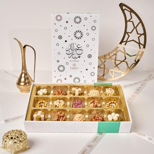 Layla’s Delicacies Mediterranean Treats Gift Box for Eid Mubarak - Handmade Healthy Mixed Nutty Flavors Pastries - Halal, Vegetarian, Gluten Free - 15 Bite-Size Treats - color: Eid Gift Box, size: 14 Count (Pack of 1)