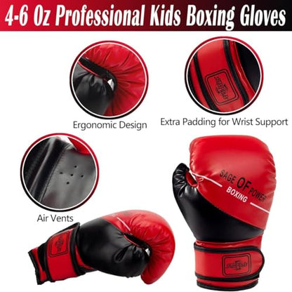 4-in-1 Kids Boxing Pads Gloves Kick Punching Mitts Set, Leather Hand Target Focus Pads, MMA Muay Thai Pads for Kicking Taekwondo Karate Kickboxing, Youth Boxing Training Sparring Gear Equipment