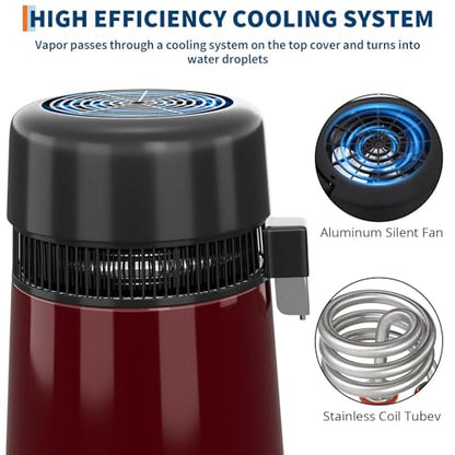 4L Countertop Stainless Steel Distilled Water Purifier, Distilled Water Making Machine with Glass Container, Ideal for Household, Workplace, Lab, and Aquarium Usage-Red - color: Red