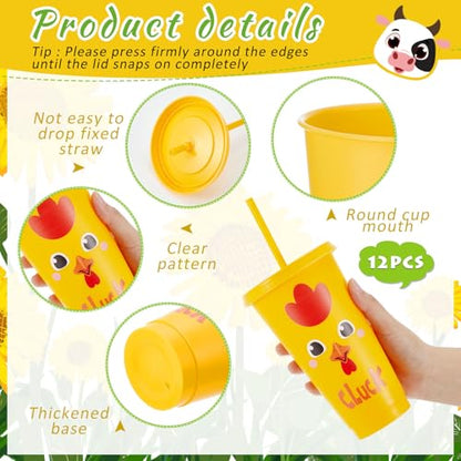 Chuangdi 12 Pcs Farm Animal Plastic Cups with Lid and Straw 24 oz Farm Animal Birthday Decorations Reusable Tumbler Cute Pig Sheep Chicken Horse Cow Cups Gift for Barnyard Party Supplies - style: Farm Animal