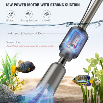 AKKEE Aquarium Vacuum Gravel Cleaner, 18W Electric Fish Tank Cleaner Vacuum, 6 in 1 Multifunctional Aquarium Cleaner for Automatic Water Change, Wash Sand, Water Circulation and Timed Off，Black