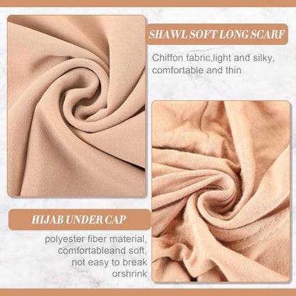4 Pcs Women Solid Chiffon Hijab Scarves and Undercap Set Long Shawl Soft Wrap Scarves Muslim Inner Hijab Caps - color: Black, Khaki