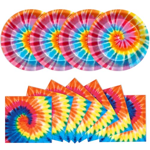 48Pcs Tie Dye Paper Plates and Napkins Rainbow Tie Party Decorations Dye Birthday Party Supplies Colorful Disposable Dinnerware Tableware for Adult Kids Girls Boys Hippie Baby Shower Serves 24 - style: Tie Dye