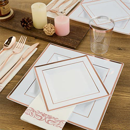 FOCUSLINE 175 Count Rose Gold Dinnerware Set for 25 Guests - Square Plastic Plates with Rose Gold Rim, Includes 25 Disposable Dinner & Dessert Plates, Napkins, Cups, Cutlery Set for Wedding Parties - color: Rose Gold Rim Square Plates