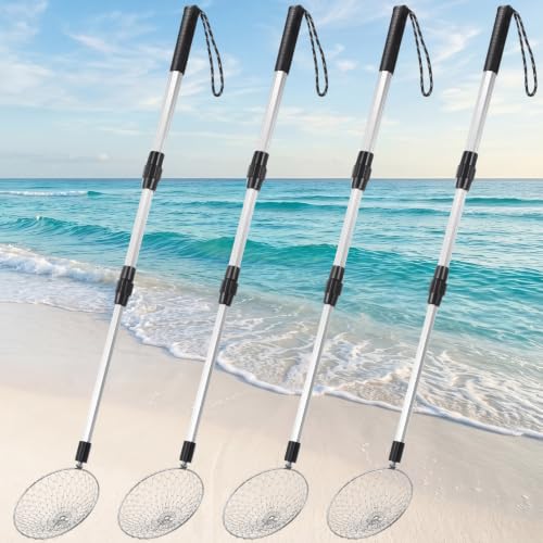 Vinsot 4 Pcs Shark Tooth Sifter Beach Sand Sifter Set 41.4" Adjustable Beach Sand Scoop Shell Scooper with Long Handle for Family One for Each Picking up Shells Beachcombing Rock Hunting