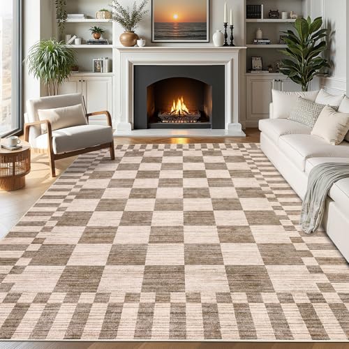 GarveeHome Brown Checkered Rug 5x7 Area Rugs Washable Living Room 5x7 Rug - color: Brown, size: 5' x 7' (Rectangular)