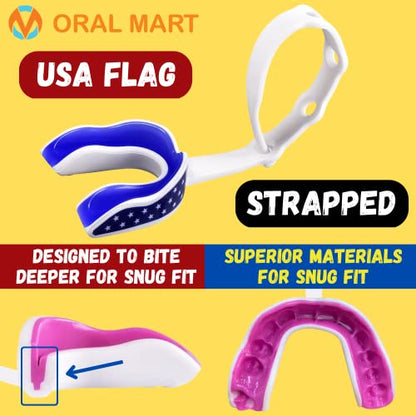Oral Mart 축구, 라크로스, 아이스 하키, 태권도용 스트랩 마우스 가드 (미국 국기, 송곳니, 15가지 이상의 색상 선택 가능) - 고정 스트랩이 있는 스포츠 마우스 가드 (스트랩, 청소년 또는 성인용) - color: 미국 국기, size: 청소년(12세 이하)