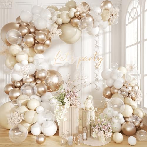 White Sand Metallic Champagne Gold Balloons Garland Arch Kit,152PCS White Neutral Balloons with Clear Balloons for Birthday Wedding Baby Shower Bridal Shower Engagement Anniversary Decoration - color: White Sand