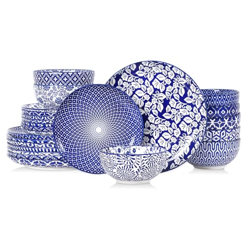 Selamica Ceramic Plates and Bowls Sets,24 Pieces Dinnerware Sets for 8,Scratch Resistant Dish Set for family gathering,Dishwasher & Microwave Safe, Vintage Blue - color: Vintage Blue, size: Service for 8 (24 Pcs)