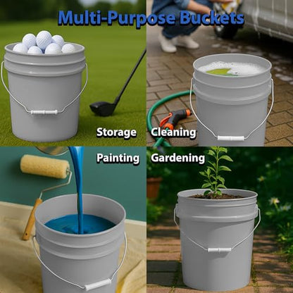 5-Gallon Bucket with Airtight Lid – Made in USA, Food Grade BPA Free Plastic, Heavy Duty Multi-Use, Metal Handle with Grip, Stackable Storage – Silver, 1 Pack - color: Silver, size: 1