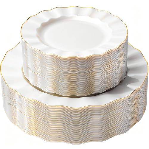 120PCS Pearl White Plastic Plates, Wavy Plates with Gold Rim - color: Peal White, size: 120PCS