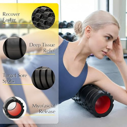 Foam Roller - 13'' Multi-Density Massage Roller for Deep Tissue & Muscle Recovery - Relieves Tight, Sore Muscles & Kinks, Improves Mobility & Circulation - Targets Key Body Parts (Black) - color: Black