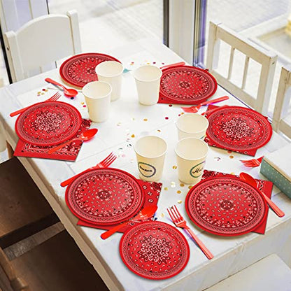 96 Pcs Red Bandana Western Party Plates Napkins Tableware Set Paisley Cowboy Cowgirl Farm Themed Supplies Disposable Dinnerware Western Decoration Favors for Kids Baby Shower Birthday, 24 Guests - style: Red Bandana Western Party