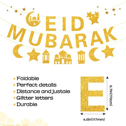 Glitter Eid Mubarak Banner with Gold Moon Star Eid Hanging for Islam Party Decorations No DIY Required