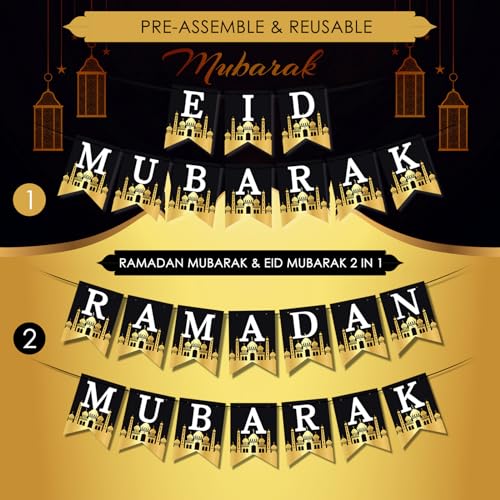 AhfuLife Eid Mubarak Banner Set Decorations, 4 Pcs Preassembled Eid Mubarak Banners with 16 Pcs Balloons, Reusable Black and Golden Ramadan Decoration, Star Moon Garland Decor for Muslim Party