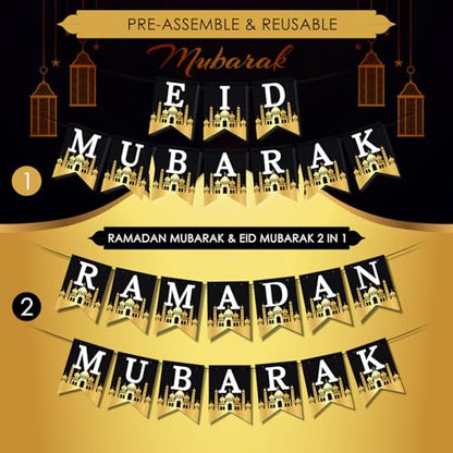 AhfuLife Eid Mubarak Banner Set Decorations, 4 Pcs Preassembled Eid Mubarak Banners with 16 Pcs Balloons, Reusable Black and Golden Ramadan Decoration, Star Moon Garland Decor for Muslim Party