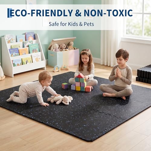 Garvee 0.56" Thick 48 Sq Ft Rubber Top Exercise Equipment Mats, 12 Tiles High Density EVA Foam Interlocking Gym Flooring for Home Gym, Non-Slip Waterproof Workout Mat, 24x24in, Black/Blue | High Density EVA Foam Interlocking Gym Flooring for Home Gym, Non