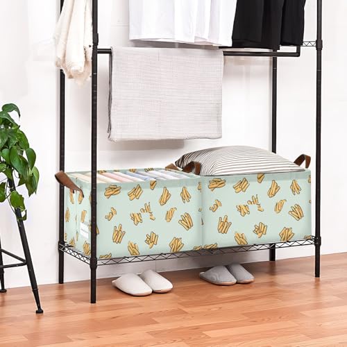 Ollabaky Collapsible Rectangular Closet Storage Bin French Fries Food Pattern Shelf Basket Box with Leather Handles - Storage Cube, Nursery Storage, Laundry Hamper