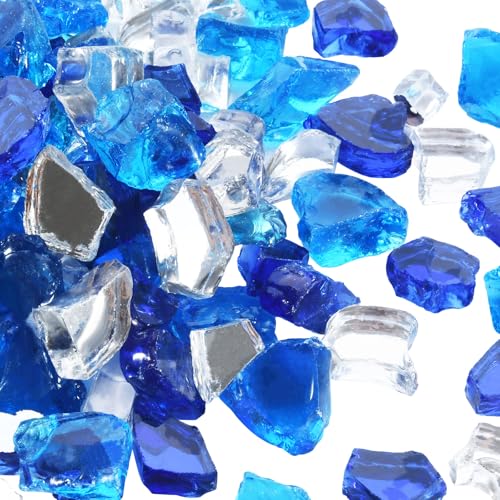 Reflective Fire Glass,Crushed Fire Glass Rocks | Glass Rocks for Fire Pit Table,Fireplace 1/2 Inch Outdoors and Indoors 20 Pounds（Caribbean Blue+Cobalt+Transparent Crystal） - color: Caribbean Blue+cobalt+transparent Crystal,1/2 Inch, size: 20 Pounds