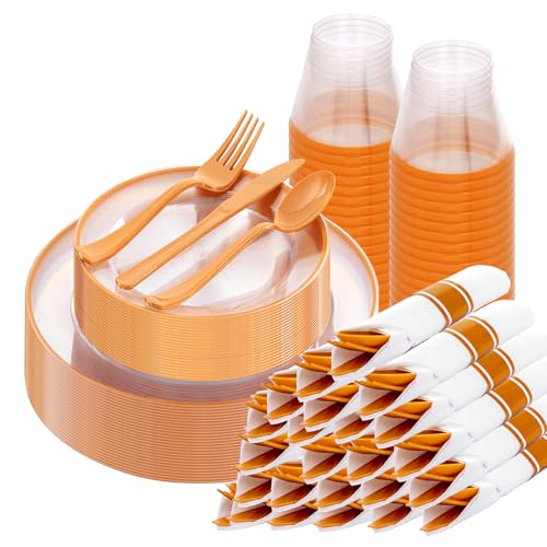 SUT 175Pcs Orange and Clear Plastic Dinnerware Set for 25 Guests, Include: 25 Dinner Plate, 25 Dessert Plates, 25 Pre Rolled Napkins With Silverware, 25 Cups, Disposable Plates for Party - color: Clear Orange, size: 175PCS