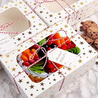 24 PCS Christmas Cookie Boxes for Gift Giving, 9x6x3 Golden Star Christmas Treat Boxes with Window, Auto-Up Holiday Cookie Boxes,Baking Goods Packaging Box for Desserts, Mini Cake, Donuts - color: Gold Star