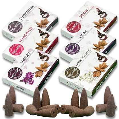Blossom - Backflow Incense Cones for Waterfall - Scented Inscents-Cones - Peony, Lilac, Hyacinth, Tuberose, Honeysuckle, Violet - Insiensos Aromaticos - 6x10=60 Large Variety Pack - color: Blossom