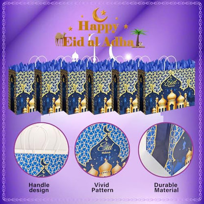 CMSSHUAI 12 Pcs Eid Mubarak Gift Bags with Handles 12.8 x 10.4 x 4.4 Inch Large Ramadan Tote Bags Eid Mubarak Paper Treat Goodie for Gifts Wrapping Ramadan Party Supplies - color: eid 12