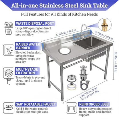 Commercial Stainless Steel Sink, Fish Cleaning Table with Trash Chute, Utility Portable Single Bowl Kitchen Hand Washing Station, Outdoor Free Standing Prep Table with Sink, Camping Basin Laundry Tub( - size: 120*50*80cm/47.2*19.6*31.4in