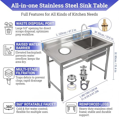 Commercial Stainless Steel Sink, Fish Cleaning Table with Trash Chute, Utility Portable Single Bowl Kitchen Hand Washing Station, Outdoor Free Standing Prep Table with Sink, Camping Basin Laundry Tub( - size: 100*50*80cm/39.3*19.6*31.4in