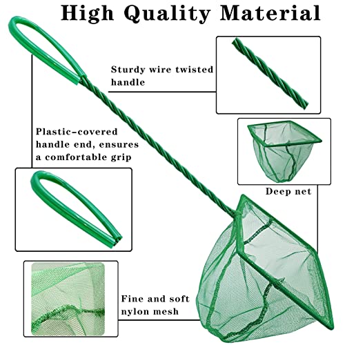 5 Pack Aquarium Fish Net, Multi-Size Fine Quick Fish Catch Nets Nylon Fishing Mesh Nets with Long Plastic Handle for Fish Tank - Green (3in, 4in, 5in, 6in, 6in)