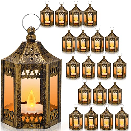 Hortsun 30 Pcs Mini Vintage Lantern Decorative 4.3 Inches Wedding Table Centerpiece LED Candles Lamp Battery Powered Hanging Tealight Lantern for Home Indoor Outdoor Party Decor(Gold) - color: Gold