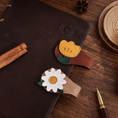 2PCS Vintage Magnetic Leather Bookmark, Leather Magnetic Bookmarks for Women, Magnetic PU Bookmarks Clip Book Accessories, Daisy & Tulip - style: Daisy & Tulip
