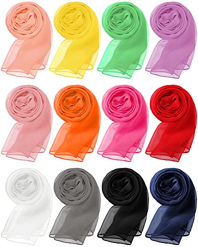 Chuarry 12 Pieces Women Solid Color Chiffon Scarf Soft Breathable Silk Lightweight Accent Scarfs (Classic Color, 20 x 63 Inch)