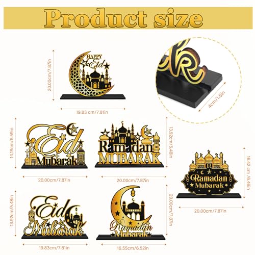 6 Pcs Ramadan Table Decor, Wooden Crescent Moon Star Eid Mubarak Decorations, Ramadan Kareem Mosque Sign Decor Gifts for Home Islamic Holiday Decorations